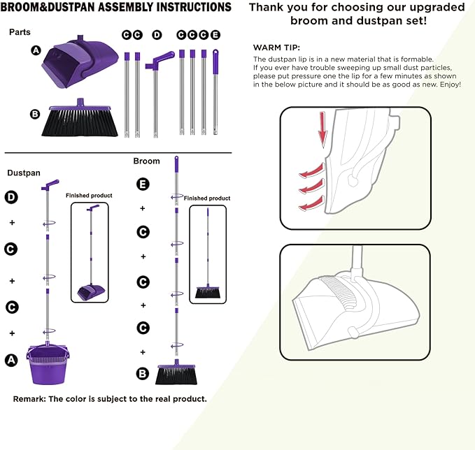 Purple Broom with Dustpan Combo Set 51 Long Handle Household Cleaning Tool Ideal Broom and Dustpan Set for Pet Hair and Home Use