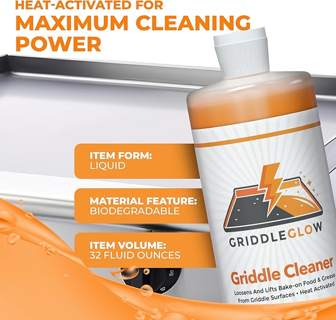 Griddle &amp Flat Top Grill Biodegradable Cleaner. Easy Pour Squeeze Bottle 32 oz. Fast Acting Formula Food Safe Glycerin-Based and Caustic Free. Heat Activated Removes Grease and Baked-on Food Sa