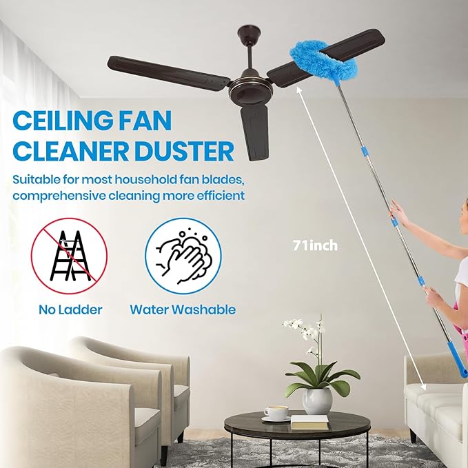 Ceiling Fan Cleaner Duster Kit 72 Inch Ceiling Fan Duster Extension Pole 8-in-1 Microfiber Duster Set for High Ceilings Fan Blades and Lights Reusable Cleaning Tools with Storage Bag