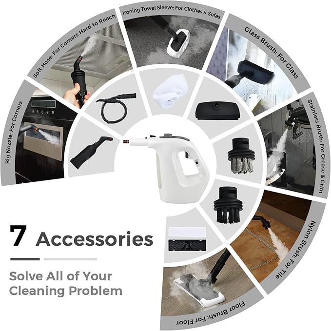 GOFLAME Multipurpose Handheld Steam Cleaner 1400W Pressurized Steamer with 17 Pieces Accessory Set 350 ml Portable Steam Mop for Home Floor Carpet Window Car (Grey)
