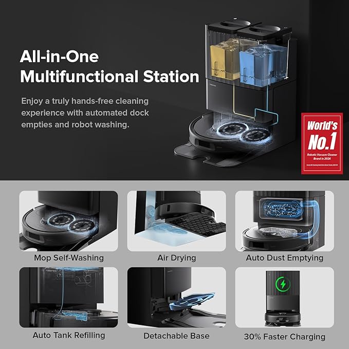 roborock Qrevo Series Robot Vacuum and Mop 8000Pa Suction Upgraded from Qrevo S Anti-Tangle Brushes Smart Obstacle Avoidance Auto Mop Washing All-in-One Dock 200RPM Spinning Mops Black(QV 35A)