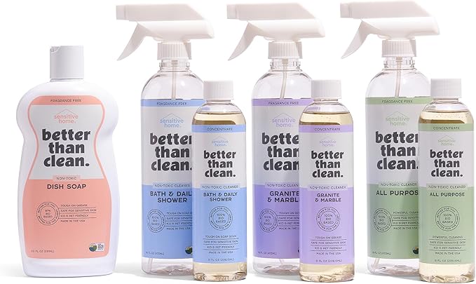 Family Bundle Pack - Plant-Based Fragrance Free Cleaning Products - With Dish Soap Granite &amp Marble Bath and Shower and All Purpose Cleaner - Includes 4 8oz Concentrates