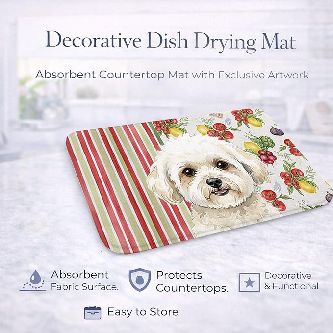 Caroline's Treasures White and Cream Bichon Frise Vegetables Dish Drying Mat Absorbent Dish Drying Mat Pad for Kitchen Counter Dish Drainer Mat for Countertop 14 x 21 Multicolor