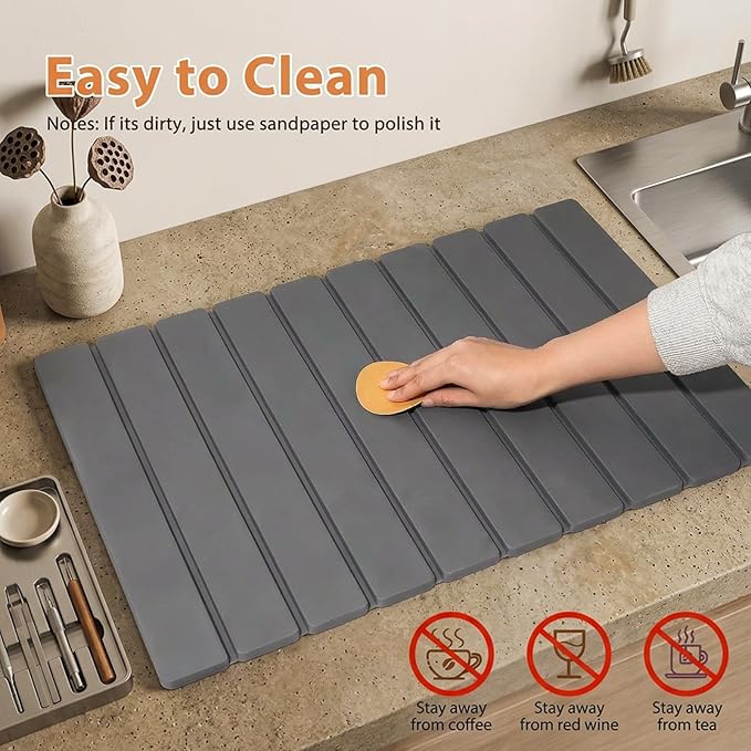 Large Stone Dish Drying Mat for Kitchen Counter 2 PCS Quick Dry Diatomaceous Earth Dish Mat Set – Foldable Water Absorbing Kitchen Gadgets &amp Gifts Home Essentials(Gray Ink 24×16 &amp 8x4)