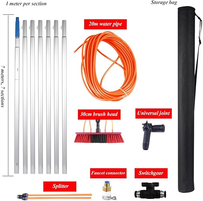 Window Scrubber with Long Handle Glass Cleaning Tools with 30cm Cleaning Brush and 20m Water Pipe for Car Shower Indoor or Outdoor Mirror Door Solar Panel