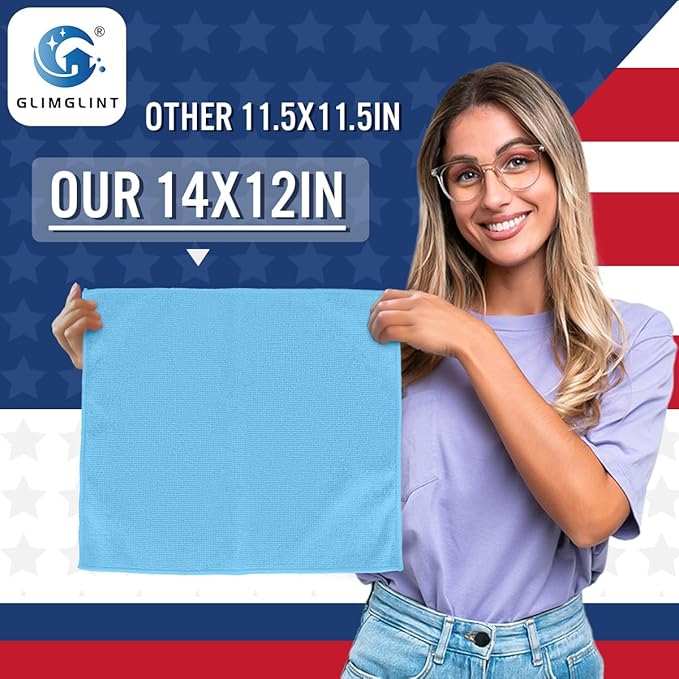 GLIMGLINT Blue Microfiber Cleaning Cloth150PK Reusable Cleaning RagsHighly Absorbent Shop Rags BulkAll-Purpose Car Cleaning Towels for TV Screen Kitchen Bathroom Restaurant Garage 14X12
