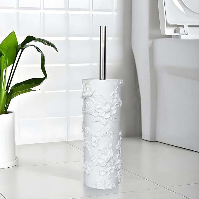 White Floral Branches Design Resin Toilet Bowl Brush and Holder Set Elegant Bathroom Cleaning Tool with Durable Bristles Compact and Functional
