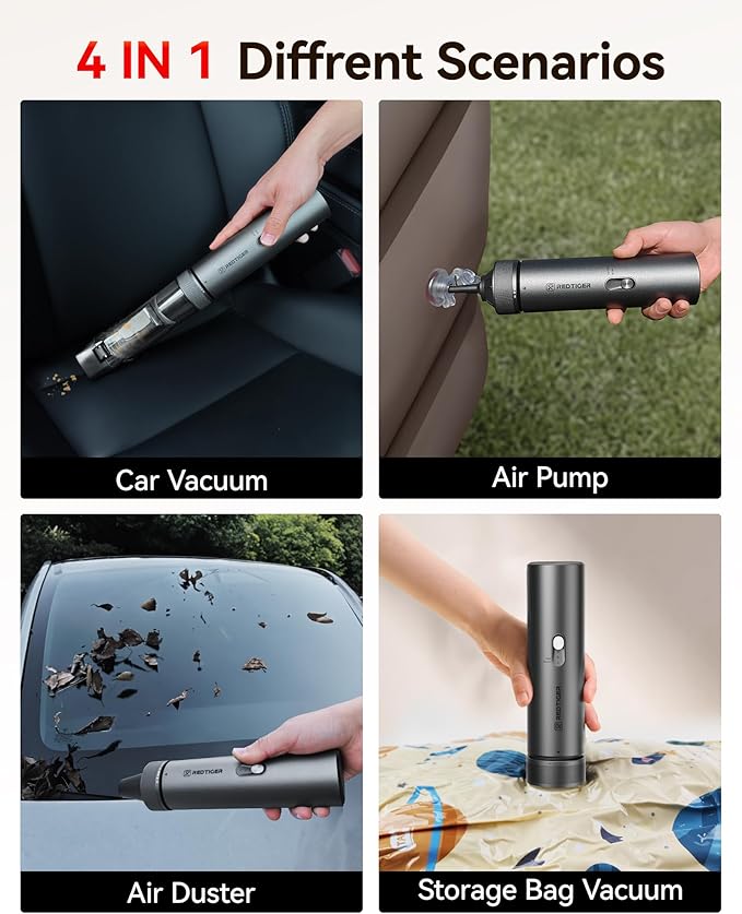 REDTIGER Car Vacuum Cordless 21000PA Portable Handheld Vacuum Up to 70 Mins Runtime 3.5H USB-C Fast Charge Lightweight 4 in1 Mini Hand Held Cleaner Power for Car Home Outdoor Camp Pet Food Black