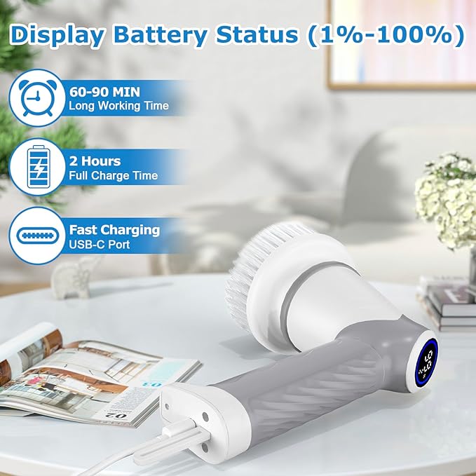 DAESUNG Electric Spin Scrubber Cordless Power Scrubber &amp Electric Cleaning Brush with 7 Replaceable Heads Dual Speed IPX7 Waterproof Handheld Scrubber for Bathroom Shower &amp Tile Cleaning