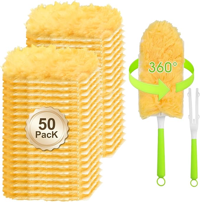 50 Pack Duster Refill for Swiffer Duster 360 Heavy Duty Duster Kit with 2 Handle Multi-Surface Disposable Dusters Refills for Cleaning Corner Furniture Car Blinds