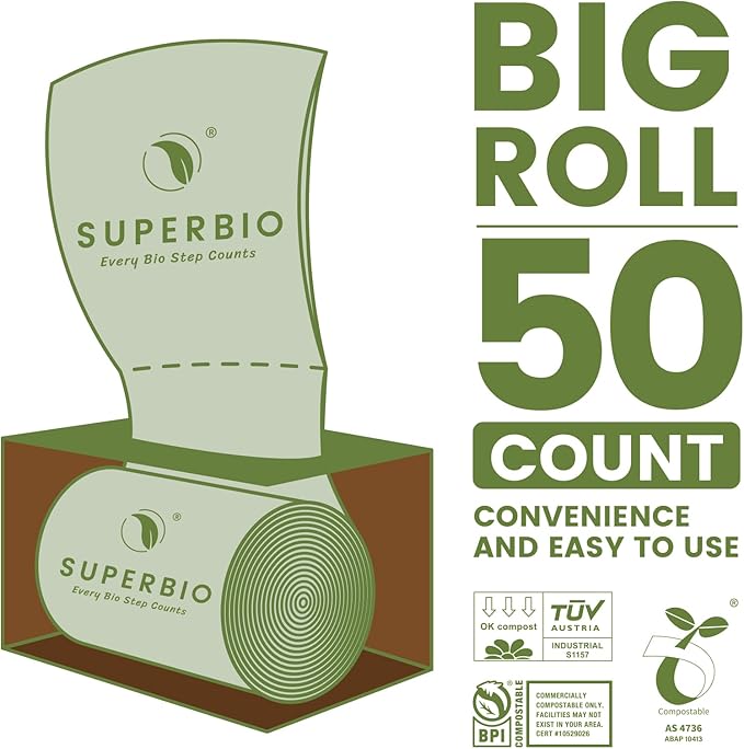 SUPERBIO 13 Gallon Flat Top Compostable Food Waste Bags 50 Count 2 Pack 49.2L 0.87 Mil ASTM D6400 BPI and OK compost INDUSTRIAL