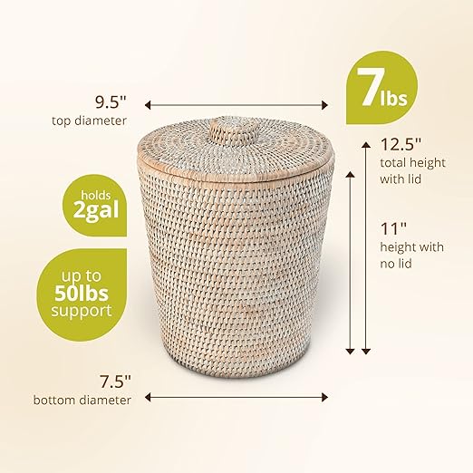 KOUBOO La Jolla Rattan Round Waste Basket With Lid &amp Plastic Insert 2 Gallon Woven Wastebasket for Bathroom Kitchen Office Living Room &amp Home Decor White Wash
