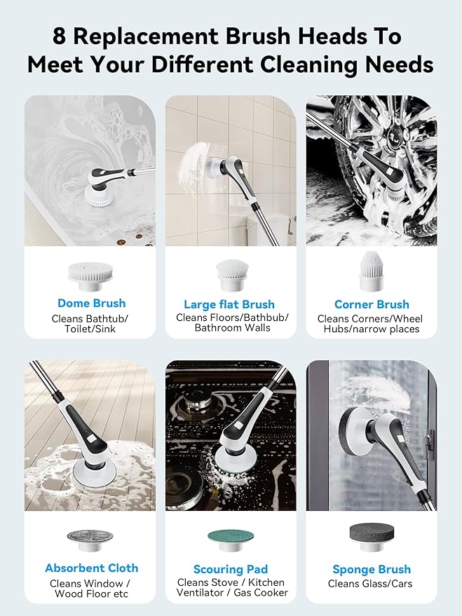 Electric Spin ScrubberCordless Cleaning Brush with Power Display ScreenIP68 Waterproof Shower Cleaning Brush with 8 Replaceable Brush HeadsAdjustable &amp Detachable Handle and 2 Adjustable Speeds