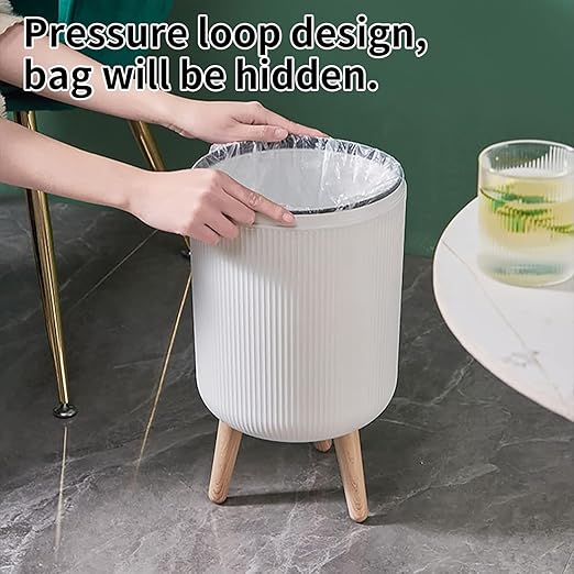 Trash Can With Lid for Bathroom 2 Gallon/10 Liter Round Garbage Bin With Press Top Plastic Modern Wastebasket With Soft Close Container for Bedroom Living Room Office (White)