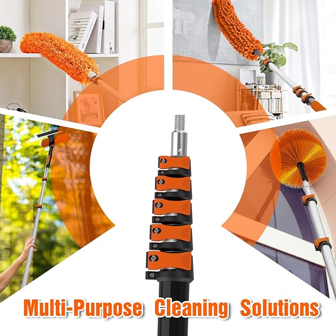 30FT High Ceiling Duster Kits with 5-24FT Telescoping Extension Pole - Fan Blade Cleaner Cobweb Remover &amp Window Cleaning Kit Washable Dust Brush for High Roof and Glass Surfaces