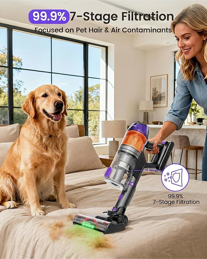 Cordless Vacuum Cleaner500W 40KPa 120Mins Runtime with 2 BatteriesAnti-Tangle Stick Vacuum with Green LightRechargeable Wireless Vacuum for Pet Hair/Carpet/Hardwood FloorPurple