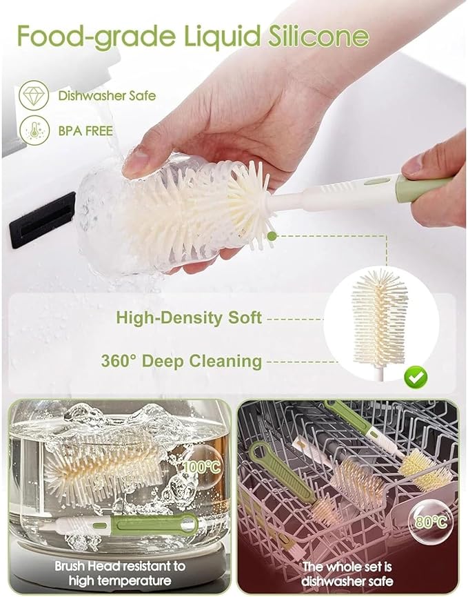 Baby Bottle Brush Set-Travel Bottle Cleaner Kit with Silicone BrushDrying RackNipple BrushStraw BrushBottle Mouth BrushStorage Box-6 in 1 Portable Bottle Washing Kit for Home and Travel