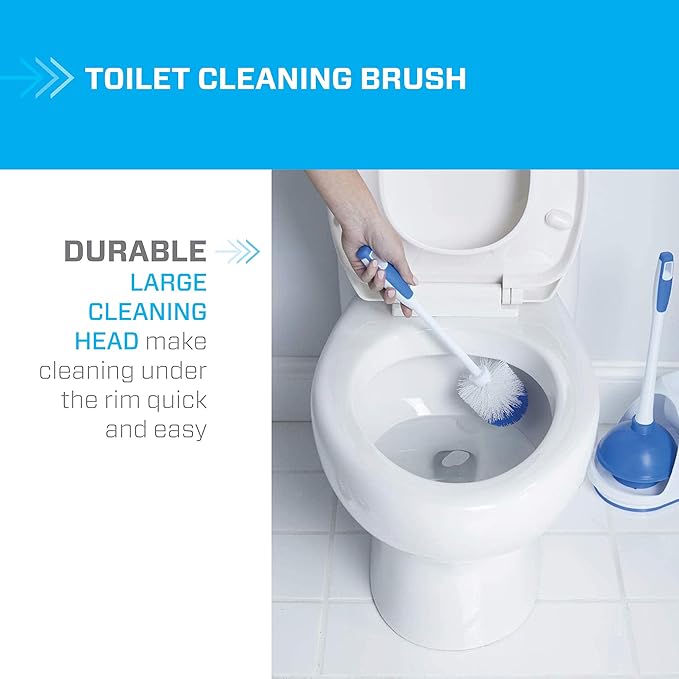 Mr. Clean Toilet Plunger and Bowl Brush Combo with Caddy 3-Piece Heavy-Duty Plunger Toilet Brush and Caddy Set White/Blue
