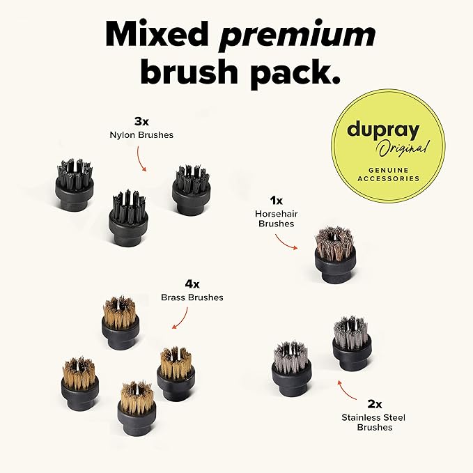 Dupray Small Brushes – Brass Horsehair Nylon &amp Stainless Steel Accessory Parts for Steam Cleaner – Brush Head for Cleaning Grout Tile Oven Car BBQ Kitchen and Bathroom (10) (Assorted Brushe