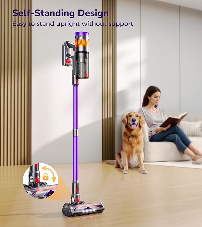 Cordless Vacuum Cleaner 600W 50Kpa 70 Mins Vacuum Cleaners for Home Self-Standing Stick Vacuum with Touch Screen Wall Dock Anti-Tangle Rechargeable Vacuum for Pet Hair Carpet Hardwood Floor
