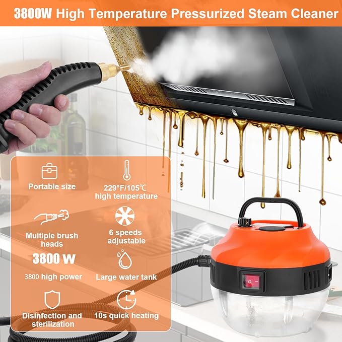 Steam Cleaner Pressurized Handheld Steam Cleaner for Home 10s Heat Up Multipurpose Steamer for Cleaning Floor/Home/Car/Bathroom/Shower/Upholstery/Grout/Window/Grease 6 Steam Adjustable