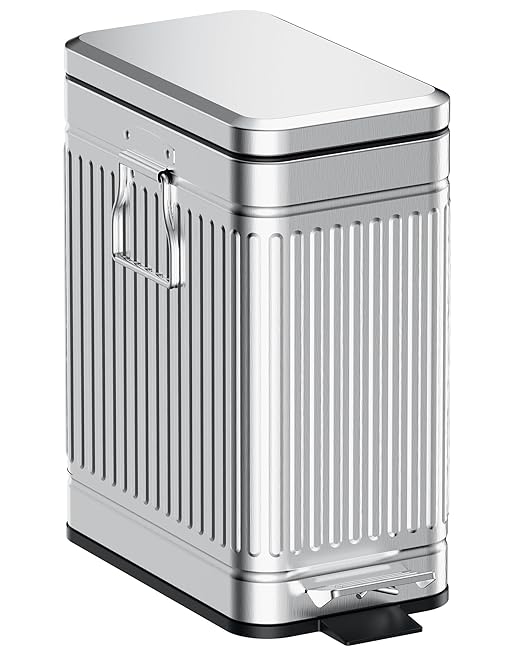 Small Bathroom Trash Can with Lid Soft Close 6L / 1.6 Gallon Stainless Steel Garbage Can with Step Pedal &amp Odor Control Slim Trash Bin for Toilet Office Bedroom - Sliver