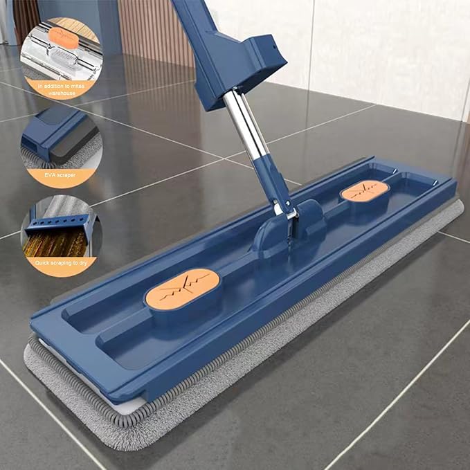 Large Flat Mop with Bucket with 6 Microfiber Pads Streamline Mop 360 Rotation Floor Mop Independent Liquid Tank and Drainage Scraper Thickened EVA Wiper Strip (Blue1)