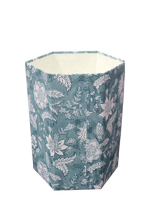 Generic Floral Hand Block Print Paper Dustbin Cotton Printed Wastebasket Indian Vintage Home Decor Hotel Room Decor (1 Sky Blue)