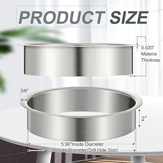 Honeydak 2 Pieces 6 (Nominal) Diameter x 2 Height 304 Polished Stainless Steel 6 x 2 Trash Grommets for Countertop Inserted Trash Kitchen Cabinet Counter Bin Ease to Install