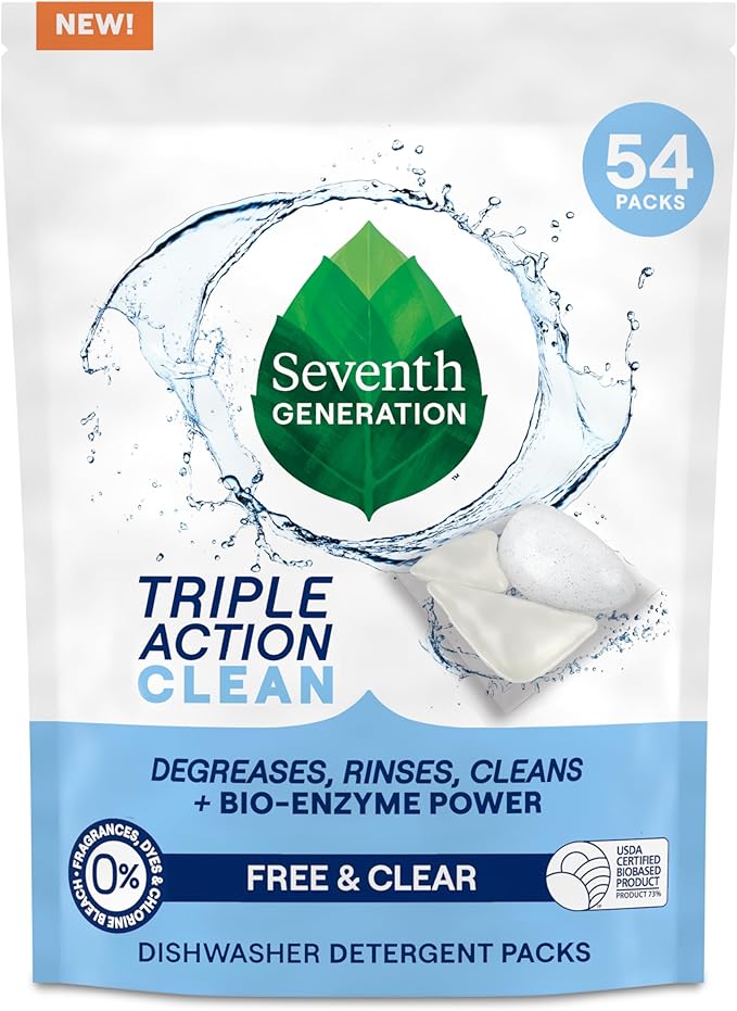Seventh Generation Triple Action Clean Automatic Dishwasher Detergent Packs with Bio-Enzyme Power Free &amp Clear Fights 48-hour Stuck-on Food 54 count