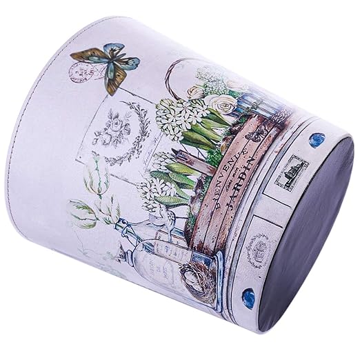 Wastebasket British Style PU Leather Round Decorative Trash Bin Garbage Can Wastebasket Without Lid for Living Room Home Office - Plants and Butterfly