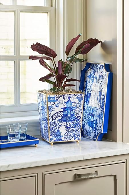 Jaye’s Studio Garden Party Decorative Gold Waste Basket for Bathroom Trash Can no Lid Bedroom Garbage Can Square Office Trash Bin Vanity Enamel White &amp Blue Bathroom Trash Can Gold Feet 9 inch