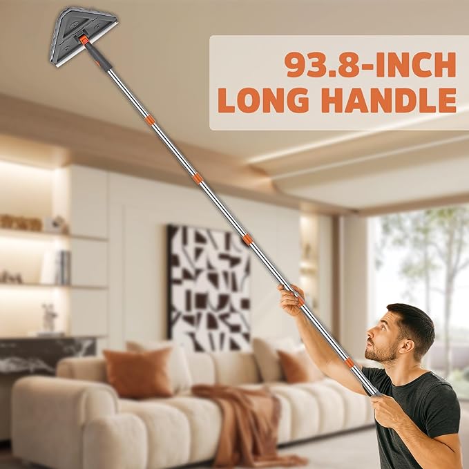 Wall Cleaner Mop with 94 Long Handle 2-in-1 Triangle &amp Rectangle Head with Squeegee 10 Washable Pads Baseboard Cleaner Tool for Walls Scrubber Ceilings Windows Glass Fans Doors Corners