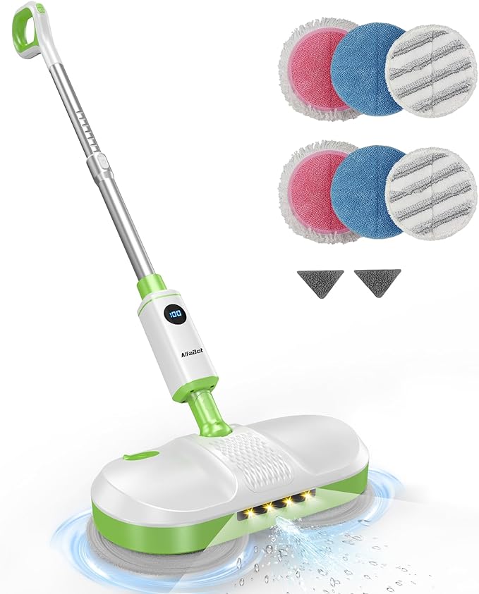 AlfaBot Cordless Electric Mop Electric Mop Floor Cleaner with LED Headlight &amp Water Sprayer Up to 60 Mins Self-Propelled with Big Water Tank for Multi-Surface