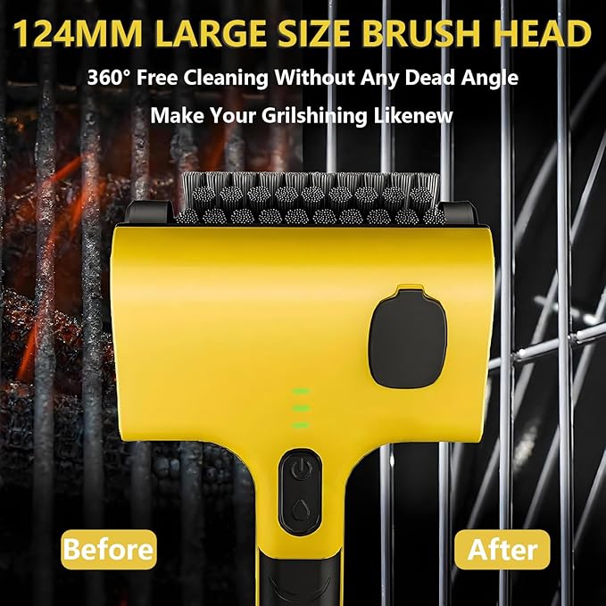 Electric Grill Cleaner - 2600mAh Rechargeable Brush with 2 Detachable 12.4cm Heads 360° Rotation One-Touch Water Spray 2 Speed Settings for Grills Kitchens Bathrooms.