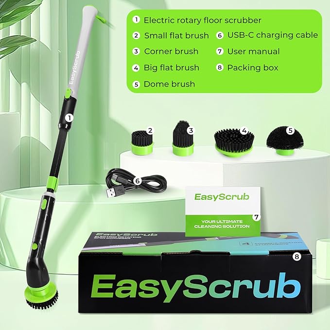 EasyScrub Cordless Electric Spin Scrubber - Powerful 350 RPM Cleaning with 4 Replaceable Heads Adjustable Extension Handle IPX7 Waterproof Ideal for Shower Tiles Tubs and Grout