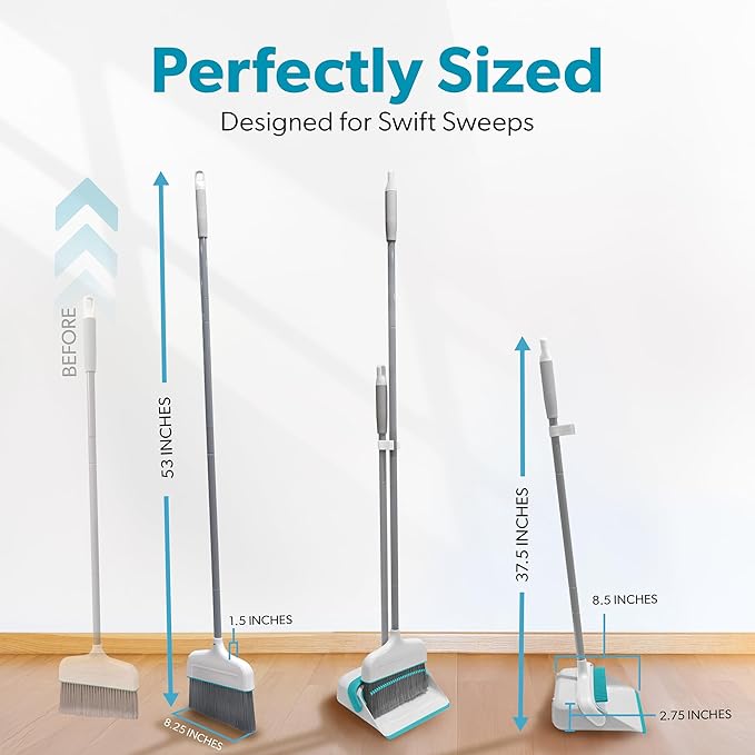 BLACK+DECKER Butler Broom and Dustpan Set for Home Short Handle Stand Up and Lightweight Space Saving Dust Pan and Broom Combo for Kitchen Living Room Bathroom Lobby Floor Use