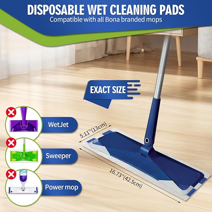 Disposable Wet Cleaning Pads for Hardwood Floor Compatible with Bona Mops Multi-Surface Floor Household Replacement Mopping Cloths Refills Unscented 30 Count