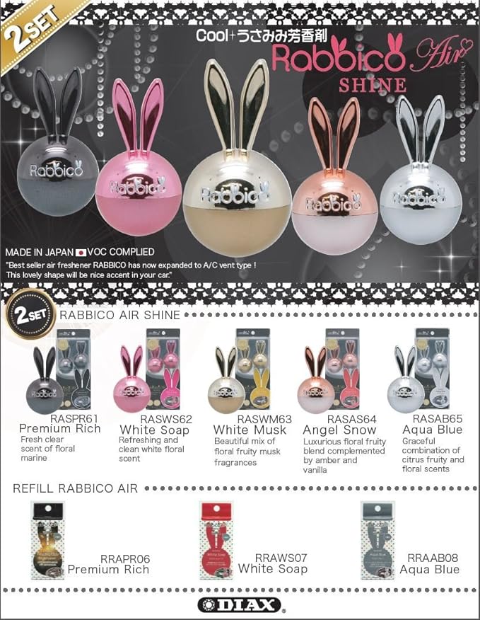 Unit of 4 Rabbico Air Shine Car air freshener Angel Snow scent Vent clip 2 Boxes with 2-unit per box Angel Snow scent is a Luxurious floral fruity blend complemented by amber and vanilla scents