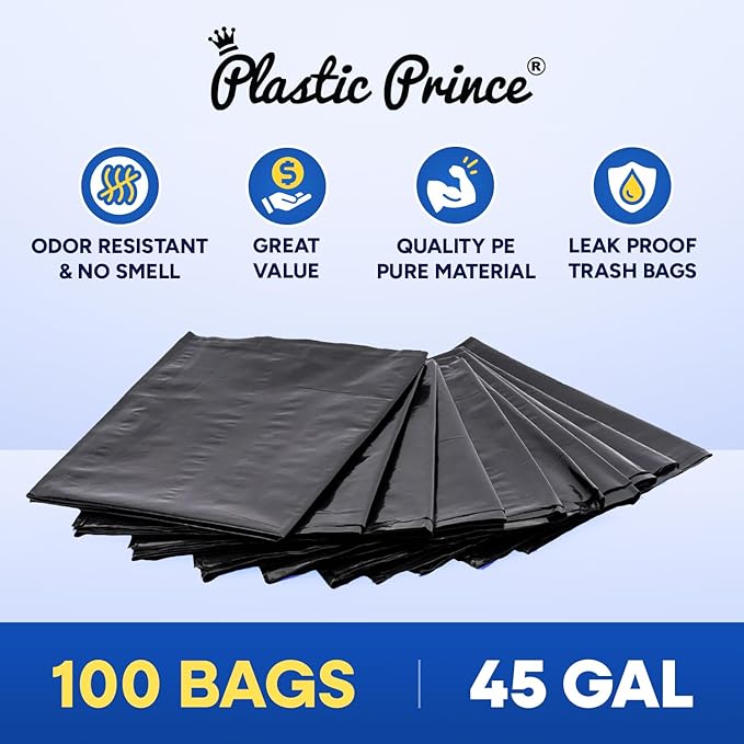 40-45 Gallon Trash Bags Heavy Duty 3 Mil Black Trash Bags Fit Rubbermaid Brute Rollout Round and Square 32-44 gal Trash Cans 40 x 46 Outdoor Garbage Bags Black Pack of 100