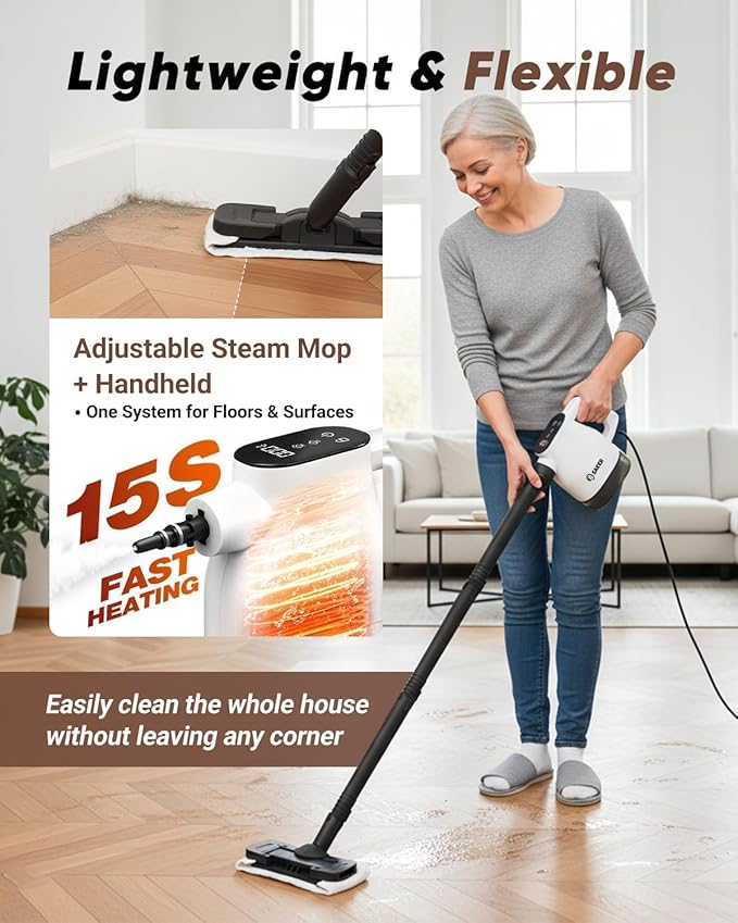 Saker EverSteam Instant-Heat Steam Cleaner for Home15s Heat-up Handheld Steam Cleaner with Mop Attachment&ampFiber ClothsPortable Continuous Refill Steamer for Cleaning of Floor Car and Kitchen