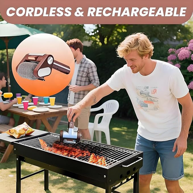 Electric Grill Cleaner Hair-Free Stainless Steel Roller 350 RPM High-Speed Motor Led Spotlight Design Cordless Outdoor Grill Cleaner