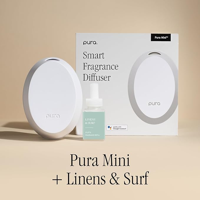Pura Mini Smart Fragrance Diffuser for Small Spaces Adjustable Smart Home Device with LED Light &amp Automatic Vial Detection - Includes 1 Scent Refill Linens &amp Surf
