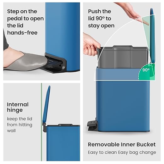 Cesun Small Bathroom Trash Can with Lid Soft Close Step Pedal 6 Liter / 1.6 Gallon Stainless Steel Garbage Can with Removable Inner Bucket Anti-Fingerprint Finish (Blue)