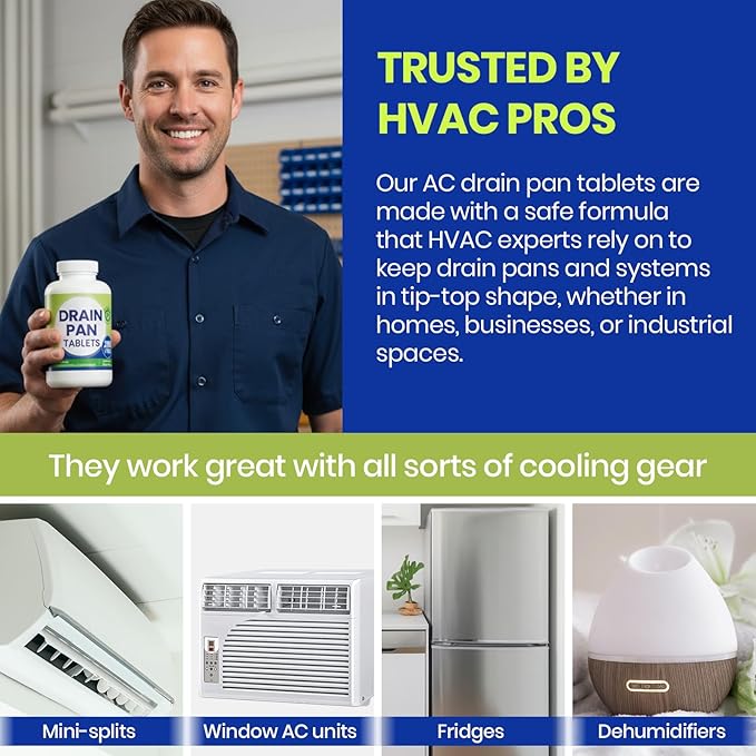Drain Pan Tabs - 200 Tablets AC Drain Line Cleaner Fast-Acting Treatment for HVAC Window Units Mini-Splits Dehumidifiers Refrigerators - Lasts Up to 4 Weeks No Residue Water-Soluble