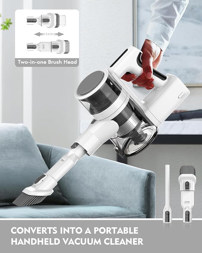 Cordless Vacuums 80000PRM Powerful Motor Vacuum Cleaner and 2200mAH Rechargeable Battery up to 35 Mins Worktime 2 Adjustable Modes Detachable Parts Wireless Stick Vacuum (Frost White)