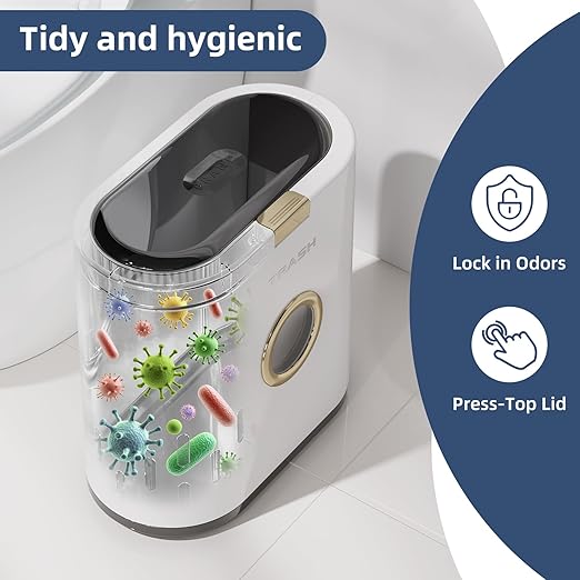Bathroom Trash can with lid 3.4 gallon/13 Liter Ultra-Thin Plastic Trash can Press flip lid Sealed Suitable for Kitchen Bedroom Office Laundry Room Toilet RV (White)