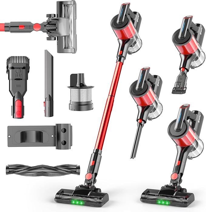 Hearten Cordless Vacuum CleanerUpgraded Stick Vacuum with LED Display Anti-Tangle Self-StandingAnti-TangleLightweightVacuum Cleaner for Home Pet Hair Carpet Hardwood Floor (A-Red)