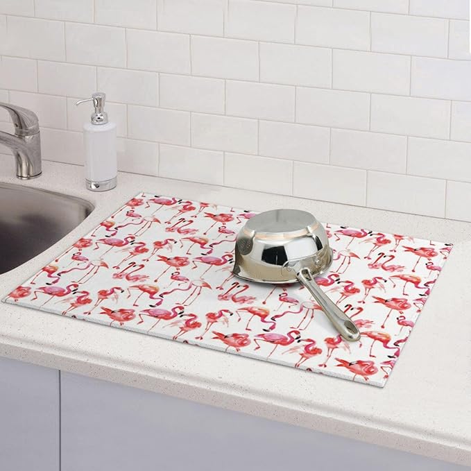 Cute Pink Flamingo Dish Drying Mat For Kitchen Counter Super Absorbent Microfiber Dish Drying Pad Kitchen Gadgets For Easy Clean Multi-Use Large 18x24