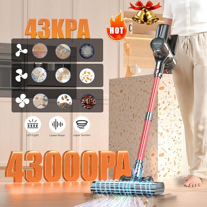 43KPa Cordless Vacuum | 300W 6-in-1 Lightweight with Crevice Tool | 3 Speeds &amp 45min LED Display | Green Light Dust Detection for Dark Areas | Handheld Car Vacuum Accessory VEAVON